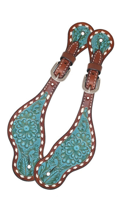 Rafter T Turquoise Wash Floral Tooling w/White Buckstitch Spur Straps