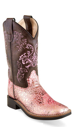 Old West Kid's Antique Pink Crackle Broad Square Toe Boots