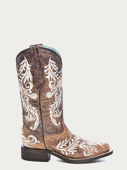 Corral Women's Glow in the Dark White Feathered Floral Embroidery Brown Boots