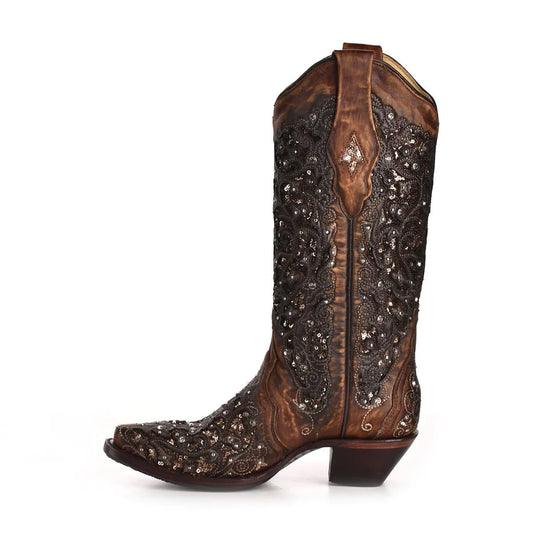 Corral Women's Black Glitter Inlay Snip Toe Cognac Boots