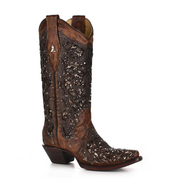Corral Women's Black Glitter Inlay Snip Toe Cognac Boots