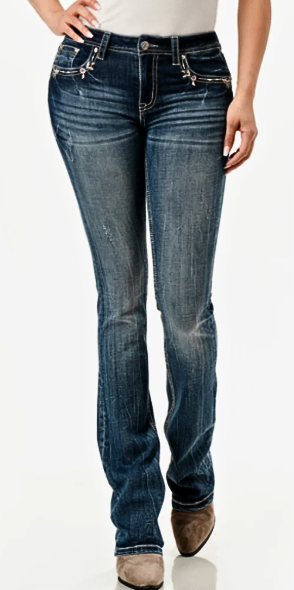 Grace in LA Women's Floral Faux Flap Embellished Mid Rise Bootcut Jeans