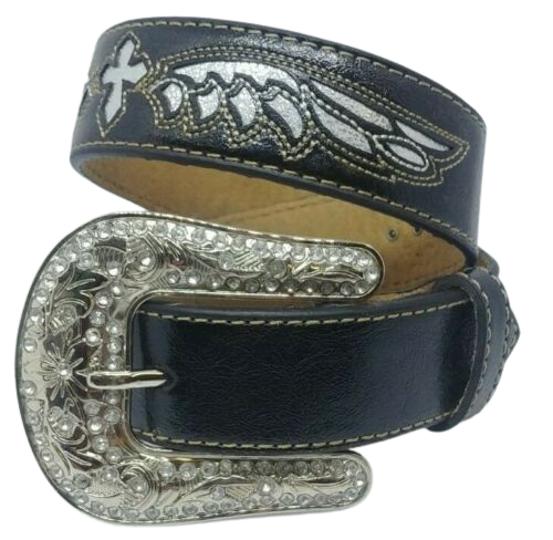 Nocona Girl's Black Belt With Cross And Wings