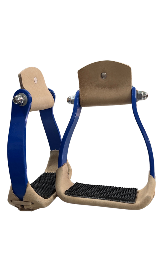 2" Blue Aluminum Stirrups w/Leather Tread with Gripper