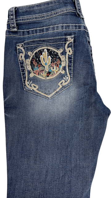 Grace Women's Cactus Designed Pocket Easy Fit Mid Rise Bootcut Jeans