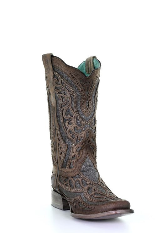 Corral Women's Grey Inlay Embroidery & Studs Square Toe Western Boots