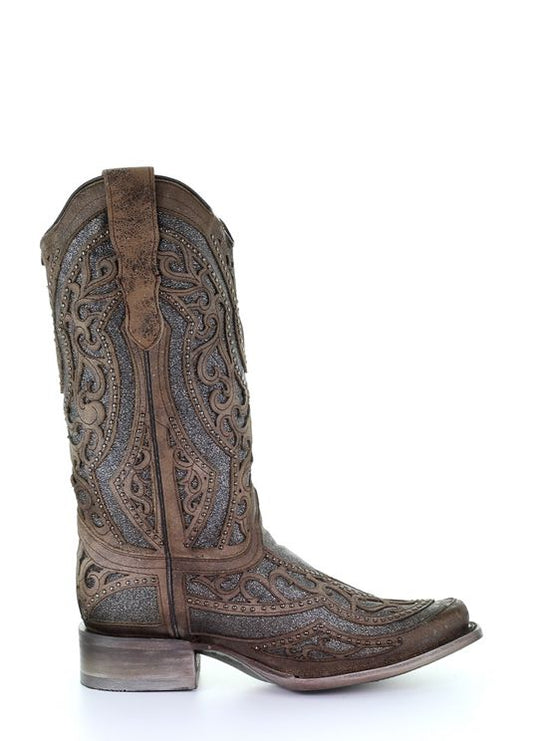 Corral Women's Grey Inlay Embroidery & Studs Square Toe Western Boots