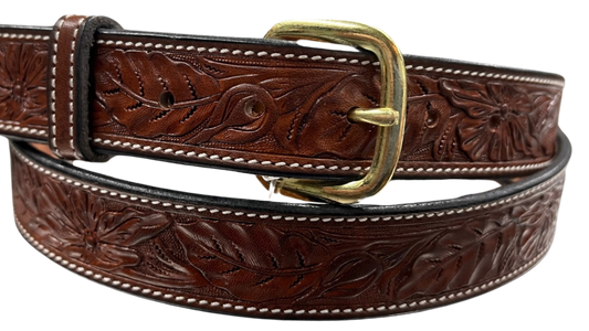 Visalia Stock Saddle Co. Men's Wild Rose Tooled Chocolate Brown Leather Belt