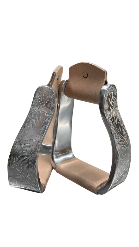 2" Engraved Aluminum Stirrups w/Leather Tread