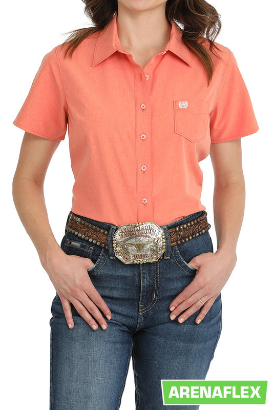 Cinch Women's Solid Coral Button-Down ArenaFlex Short Sleeve Shirt