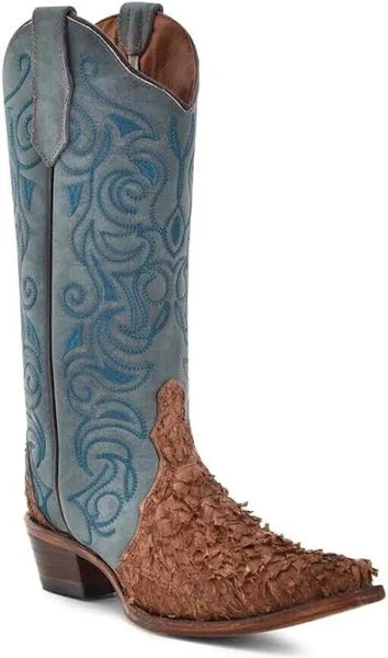 Circle G Women's Brown-Blue Fish Embroidery Snip Toe Boots