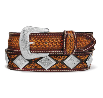 Tony Lama Men's Brown Buscadero Basketweave w/Silver Diamond Concho Belt