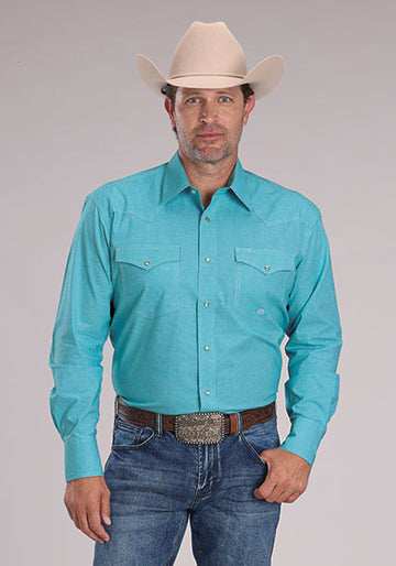 Roper Men's Mini Check Plaid Turquoise Long Sleeve Snap Shirt