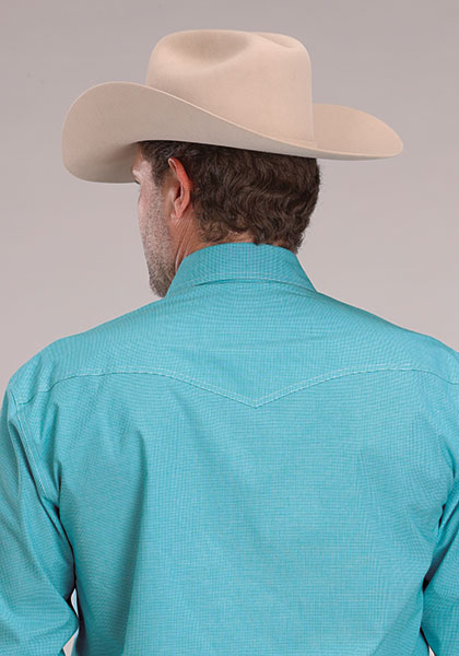 Roper Men's Mini Check Plaid Turquoise Long Sleeve Snap Shirt