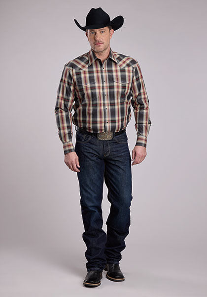 Roper Men's Tall Man Amarillo Black Ombre Plaid Long Sleeve Snap Shirt