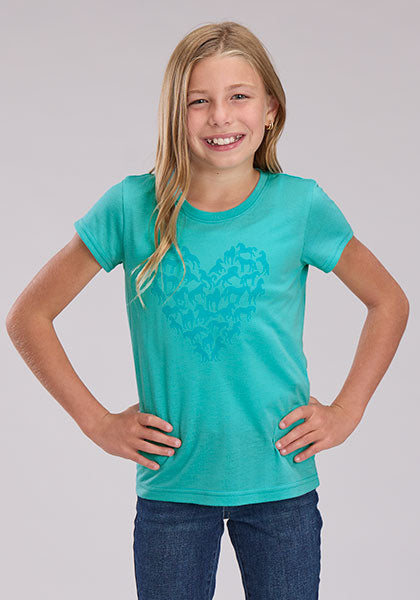 Roper Girls Turquoise Heart/Horse Printed Jersey Knit T-Shirt