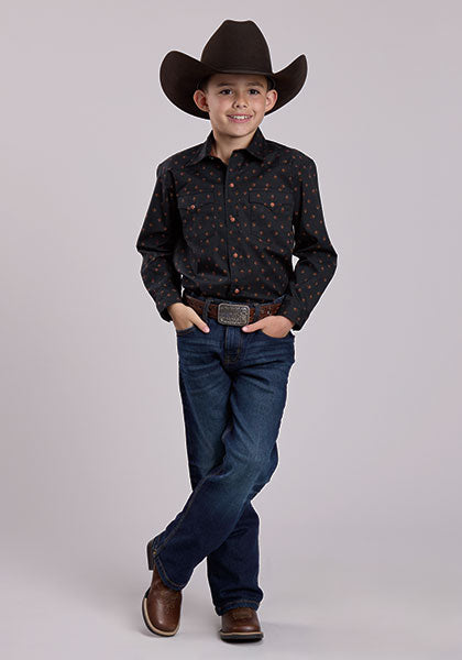 Roper Boy's Foulard Print Black Long Sleeve Snap Performance Shirt