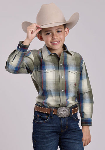 Roper Boy's Evergreen Plaid Long Sleeve Snap Shirt