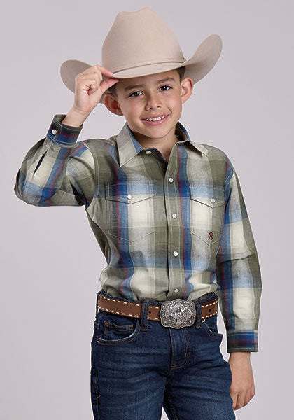 Roper Boy's Evergreen Plaid Long Sleeve Snap Shirt
