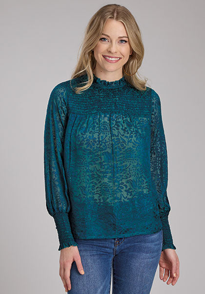 Roper Women's Poly/Rayon Teal Floral Burnout Blouse