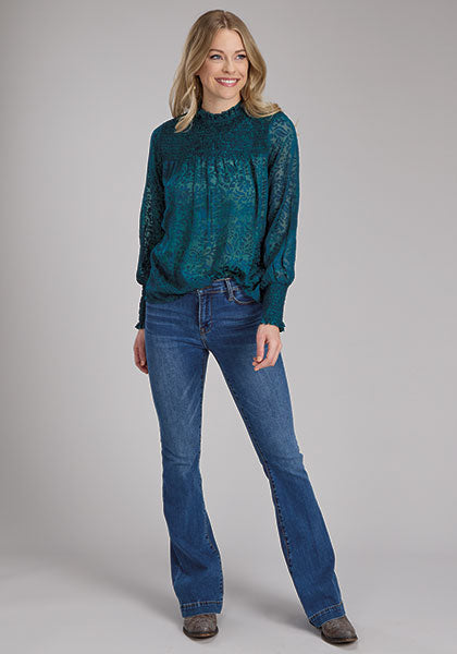 Roper Women's Poly/Rayon Teal Floral Burnout Blouse