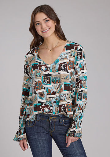 Roper Women's Long Sleeve Printed Photo Collage Rayon Peasant Blouse