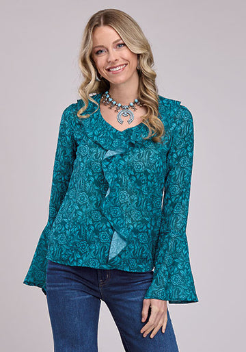 Roper Women's Teal Tooled Floral Print Peasant Top