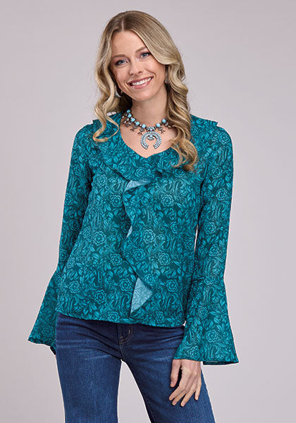 Roper Women's Teal Tooled Floral Print Peasant Top