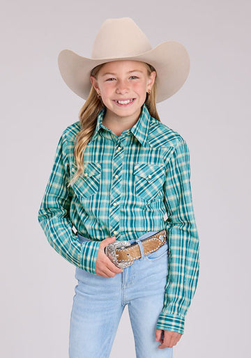 Roper Girl's Ocean Dobby Blue Plaid Snap Shirt