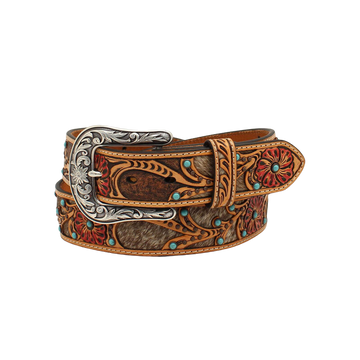 Ariat Women's Tooled Red Flower w/Calf Hair Underlay Tan Belt