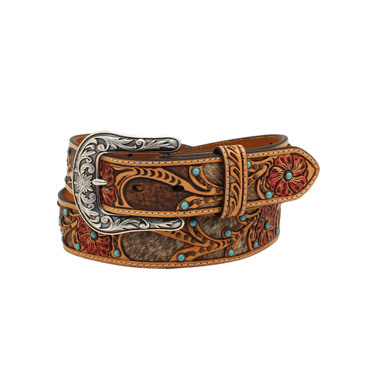 Ariat Women's Tooled Red Flower w/Calf Hair Underlay Tan Belt
