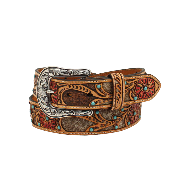 Ariat Women's Tooled Red Flower w/Calf Hair Underlay Tan Belt