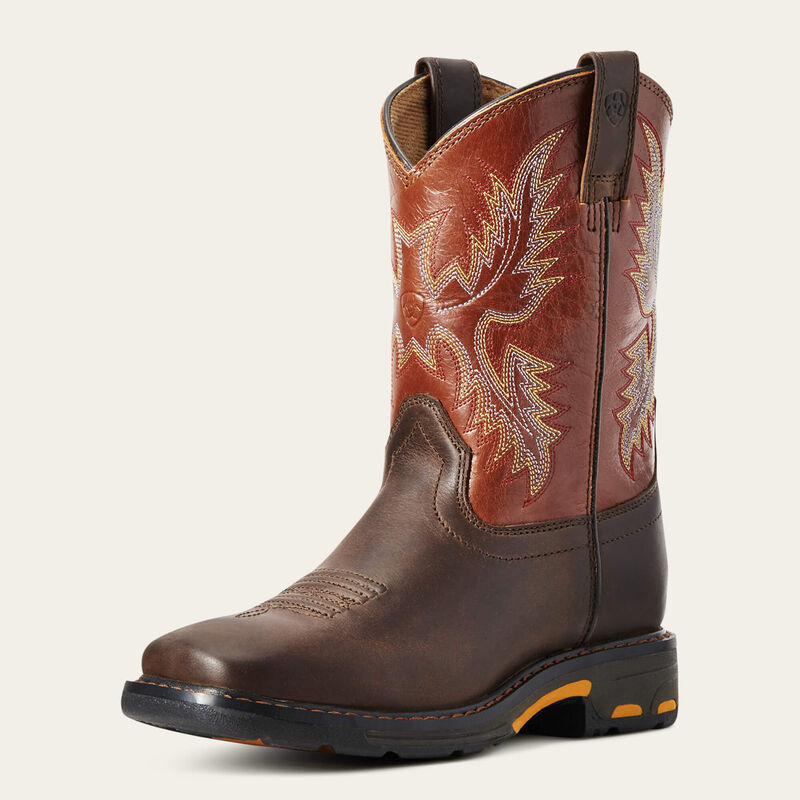 Ariat Kid's WorkHog Wide Square Toe Boots-Dark Earth/Brick