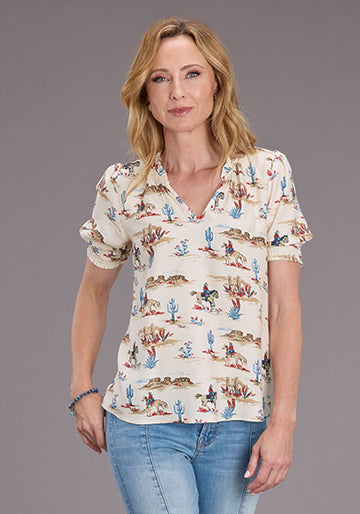 Stetson Women's "Desert Trail" Print Short Sleeve Peasant Blouse