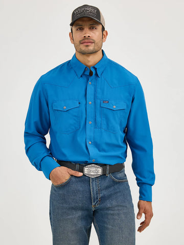 Wrangler Men's Performance Snap Long Sleeve Solid High Tide Blue Shirt