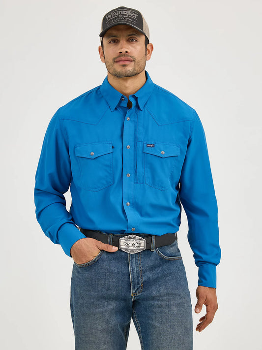 Wrangler Men's Performance Snap Long Sleeve Solid High Tide Blue Shirt