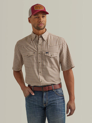 Wrangler Men's Performance Snap Short Sleeve Brown Rust Plaid Shirt