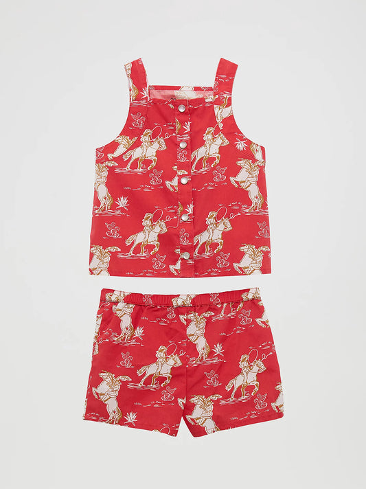 Wrangler Little Girl's Red Horse Western Print Short Set