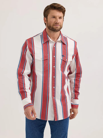 Wrangler Men's Vintage-Inspired Cherry Stripe Brushpopper Western Snap Workshirt