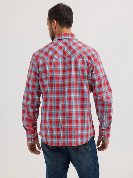 Wrangler Men's Cherry Red Retro Long Sleeve Sawtooth Snap Pocket Western Shirt