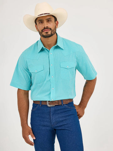 Wrangler Men's Wrinkle Resist Short Sleeve Western Snap Plaid Bright Turquoise Shirt