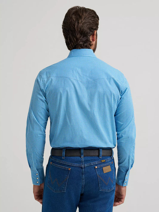 Wrangler Men's Blue Bold Wrinkle Resist Long Sleeve Western Snap Plaid Shirt
