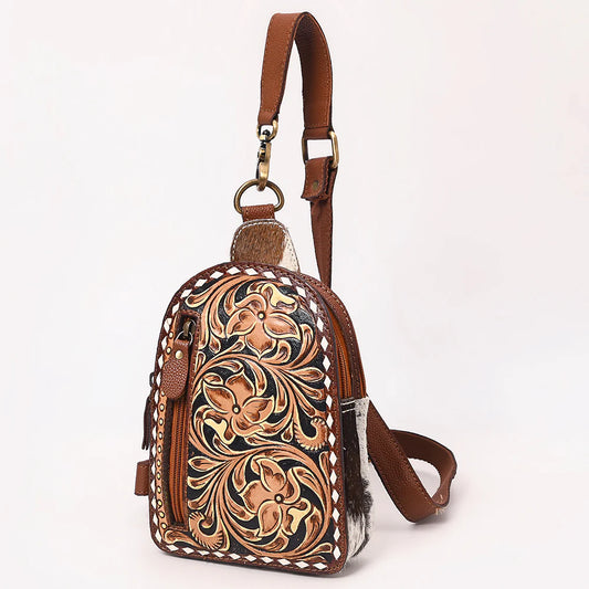 American Darling Leather Tooled & Hair On Sling Bag