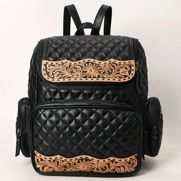 American Darling Black Backpack with Hand Tooled Western Leather Accent