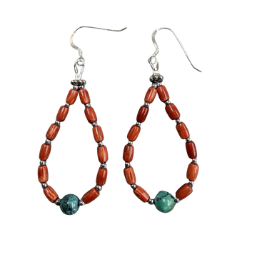 Red Coral & Turquoise Teardrop Hoop Earrings