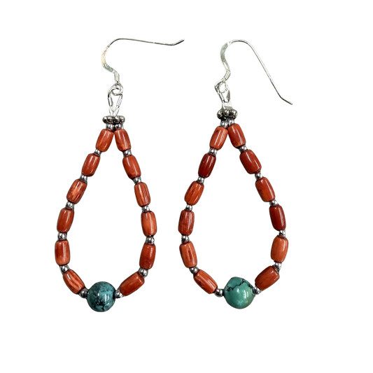 Red Coral & Turquoise Teardrop Hoop Earrings