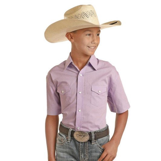 Panhandle Boy's Purple Geo Print Short Sleeve Snap Shirt