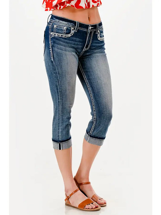 Grace in LA Women's Stars Embroidered Faux Flap Pocket Denim Capri