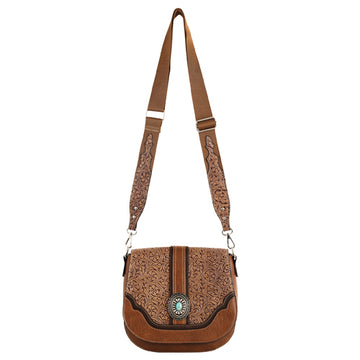 Justin Ladies Tan Saddle Bag w/Floral Embossing and Concho