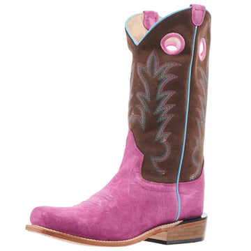 Old West Youth Pink Suede & Brown Punchy Square Toe Boots